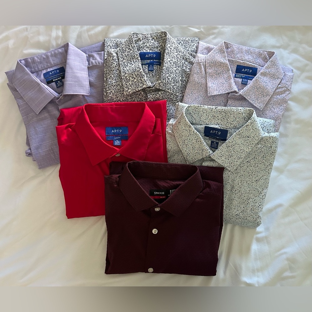 Lot of 6 Men’s Slim Fit Button Down Shirts, Various Prints, Size Medium